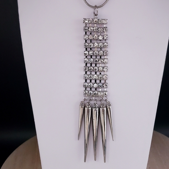 Rhinestone and Spike Necklace Silver Tone - Picture 2 of 4